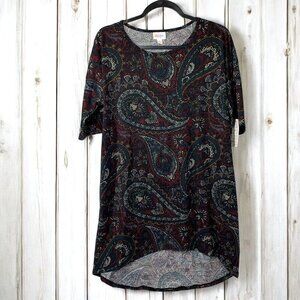 Lularoe Irma Half Sleeve Tunic High Low Polyester Blend Sz Sm Black Red Paisley